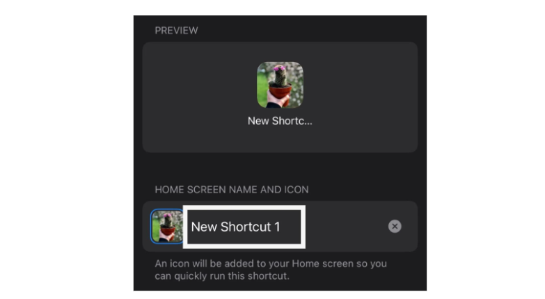 Enter the desired shortcut name in the "Home screen name and icon" field.
