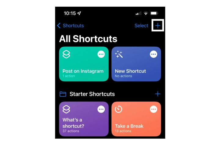  tap the "+" icon to create a new shortcut.