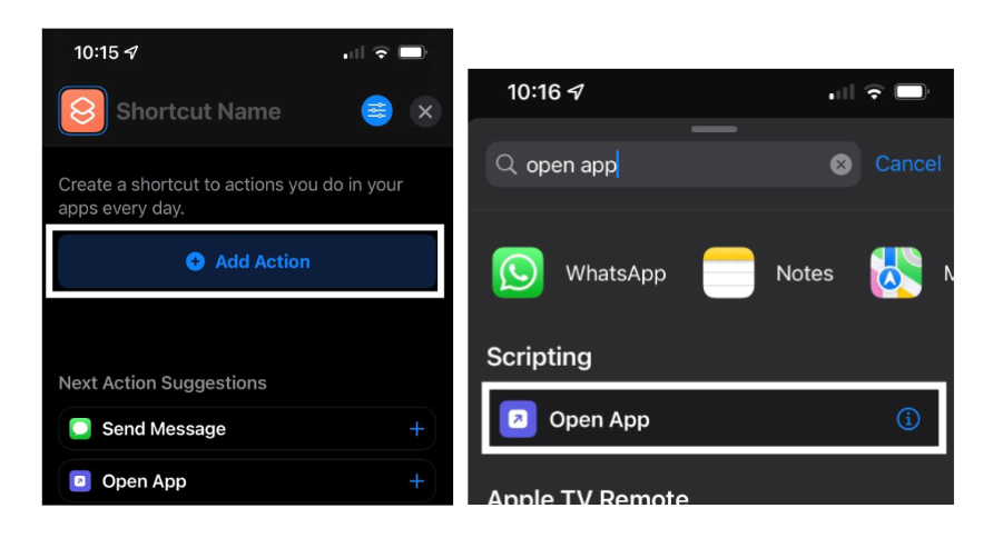 ● Click "Add Action" and search for the "Open App" action.